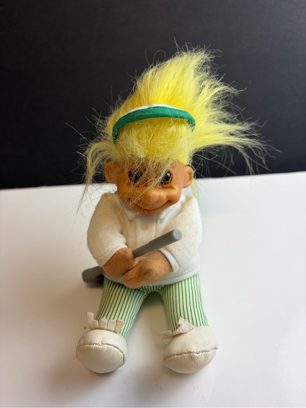 Yellow-Haired Kids Troll Doll with Green Headband and Striped Pants